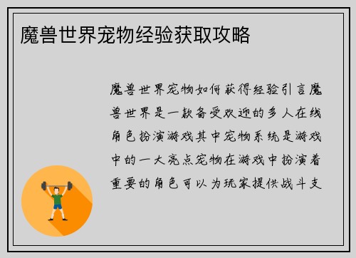 魔兽世界宠物经验获取攻略