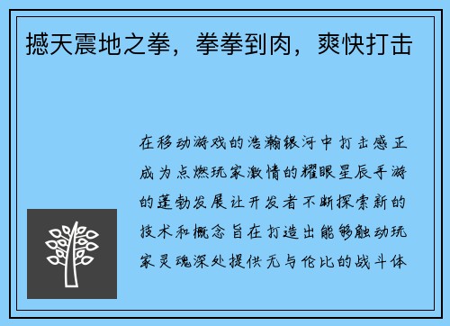 撼天震地之拳，拳拳到肉，爽快打击