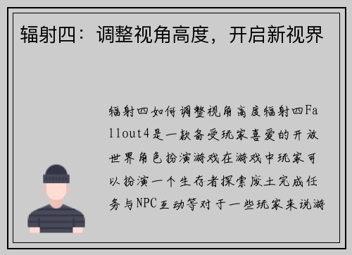 辐射四：调整视角高度，开启新视界